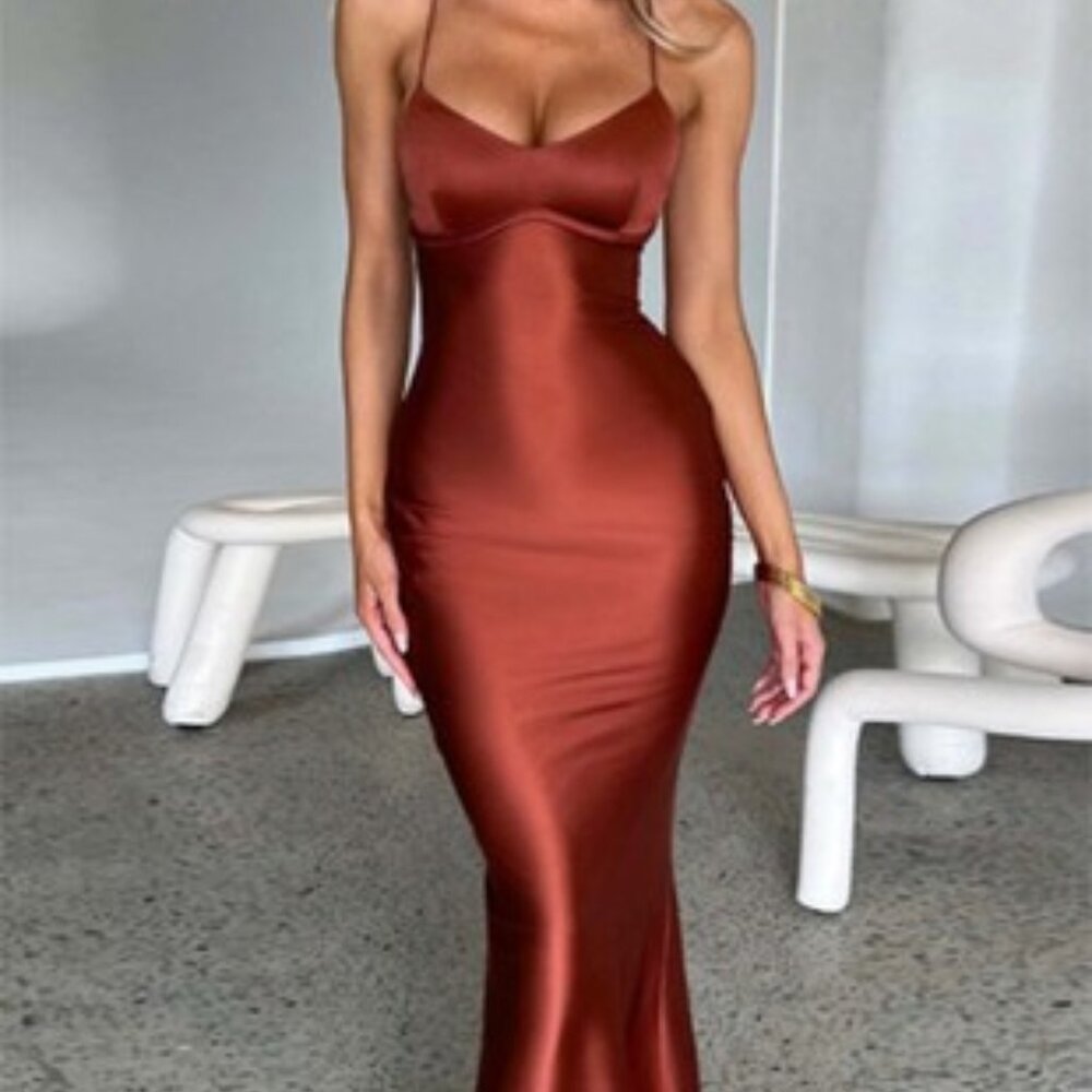 Brown Satin Spaghetti Straps Bodycon Evening Party Dress